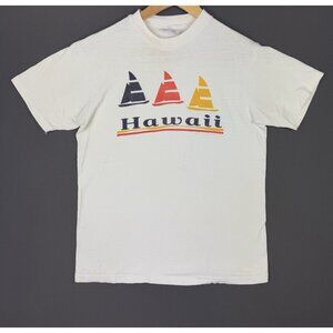 Vintage 80s 90s Hawaii Be Karma Free White Shirt Boat Island Beach Art Hanes